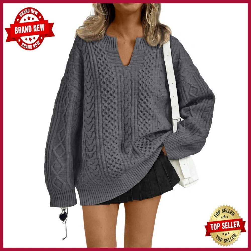 Oversized V-Neck Cable Knit Sweater Women's Fall Winter Pullover